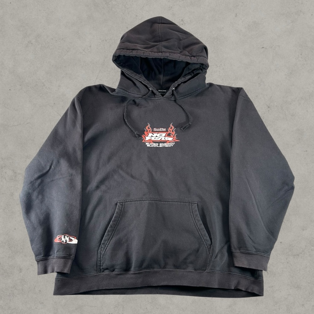 No Fear X Sobe Hoodie‎ Mens XL Black Y2K Energy Drink Pullover Motocross Flames